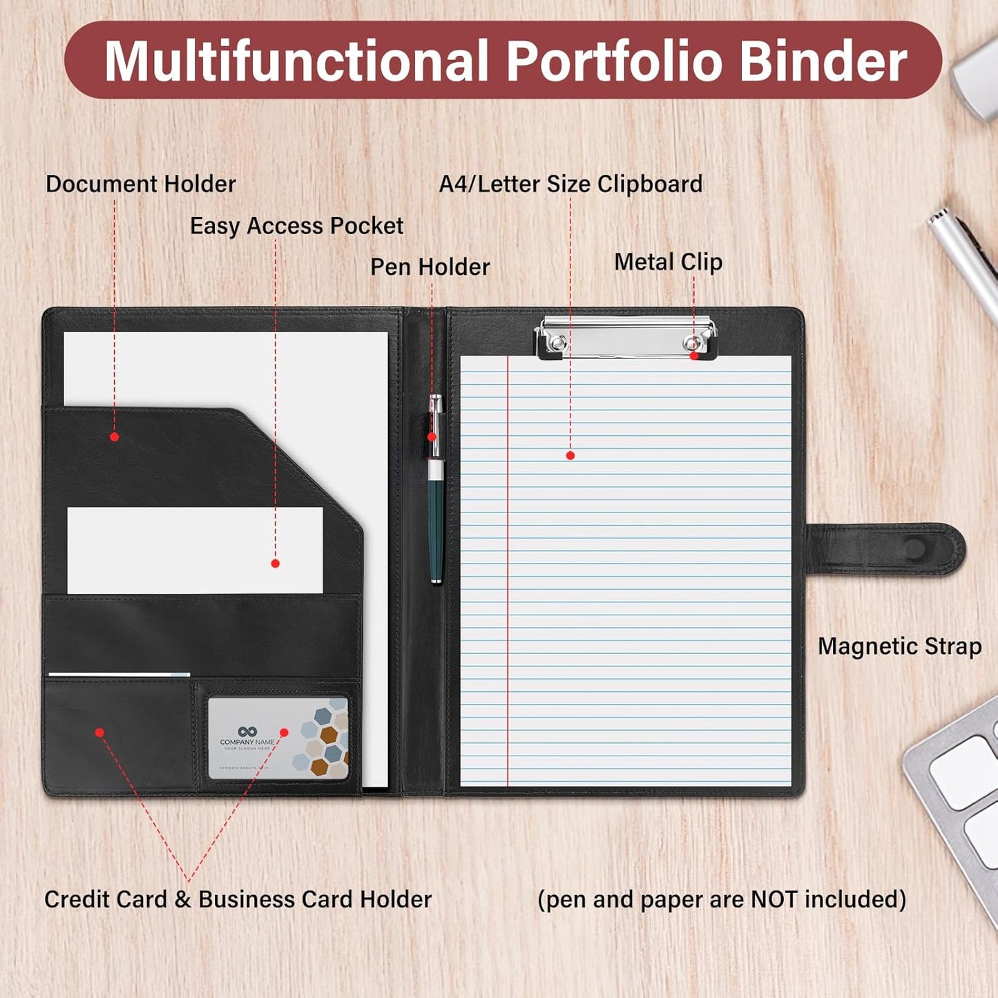 Professional Padfolio, Multi Function Faux Leather Portfolio Binder with Clipboard - Interview Resume Folder, Legal Document, Business Card Holder, for Office, Conference, Interviews (Black)