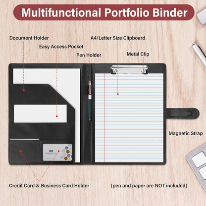 Professional Padfolio, Multi Function Faux Leather Portfolio Binder with Clipboard - Interview Resume Folder, Legal Document, Business Card Holder, for Office, Conference, Interviews (Black)
