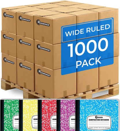 Rosmonde 50 Pack Composition Notebooks Bulk, Wide Ruled Composition Notebook, 200 Pages (100 Sheets), 9-3/4 x 7-1/2, Black Marble, Bulk School Supplies, Office Notebooks, Bulk Notebooks for School