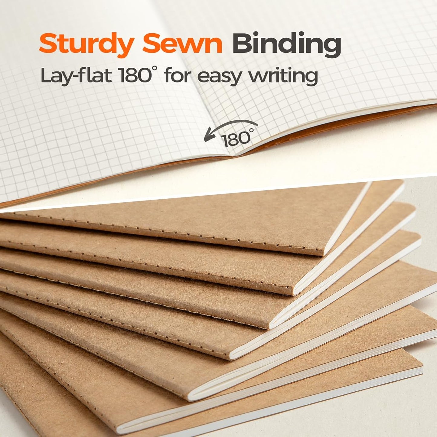 5 Pack Kraft Notebooks Bulk A5, 60 Pages Grid Graph Paper Journals, 8.3x5.5 Inches, Natural Kraft Cover Composition Notebooks for School Office Students Artists