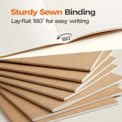 5 Pack Kraft Notebooks Bulk A5, 60 Pages Grid Graph Paper Journals, 8.3x5.5 Inches, Natural Kraft Cover Composition Notebooks for School Office Students Artists