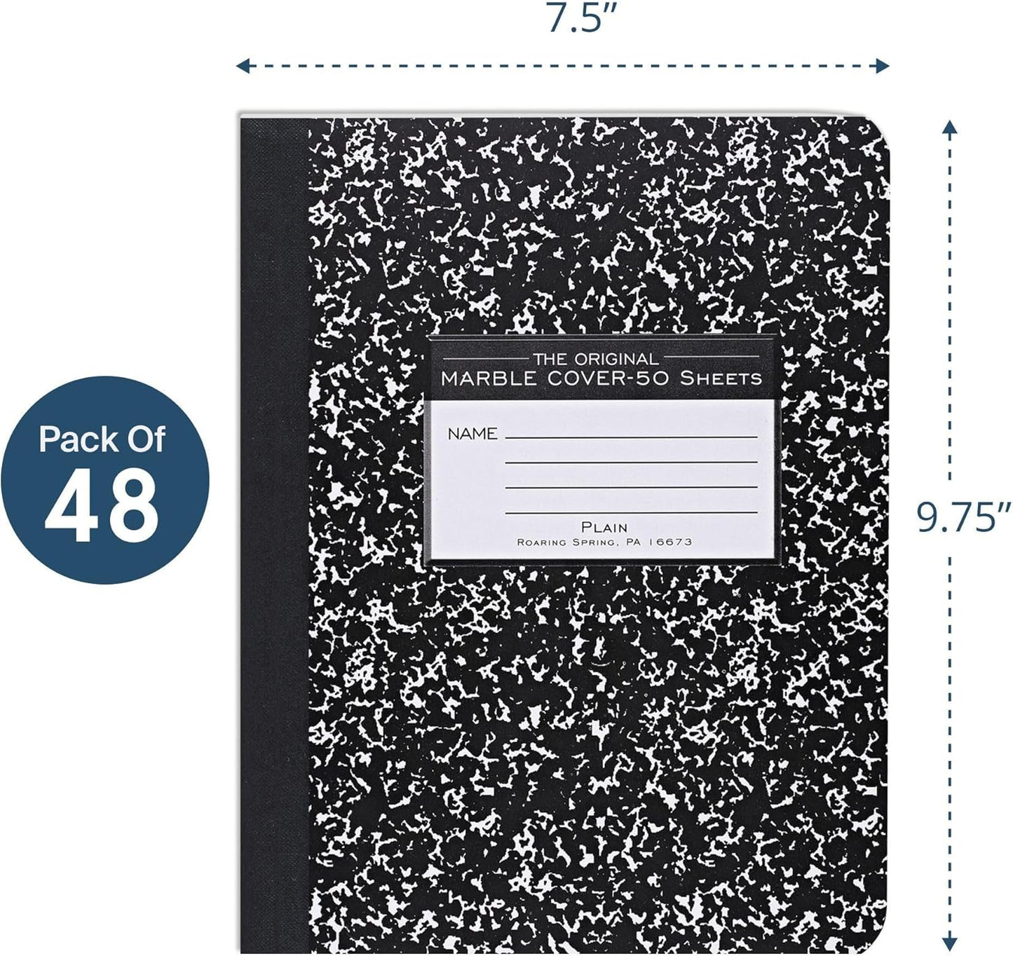 ROARING SPRING Hard Cover Composition Notebook, 4 Pack, Blue Marble Comp Book, 9.75″ x 7.5″, Unruled Blank Paper, 100 Sheets (200 Pages), Made in USA