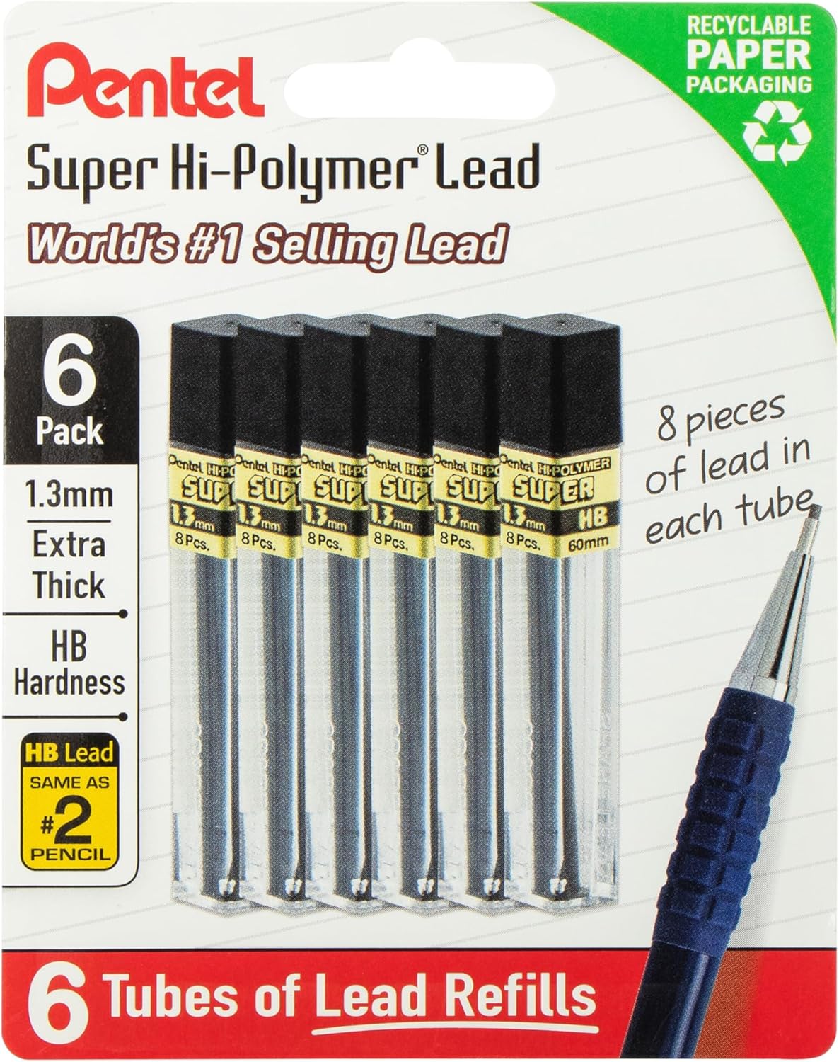 Pentel Super Hi-Polymer Lead Refills, 1.3 mm, HB, 48 Pieces (8 pcs per tube, 6 tubes)