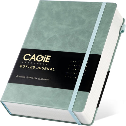 CAGIE Bullet Dotted Journal Notebook 320 Pages 100 GSM Paper Hardcover A5 Dot Grid Notebook Leather Journals for Writing Women Men Work Journaling, Green