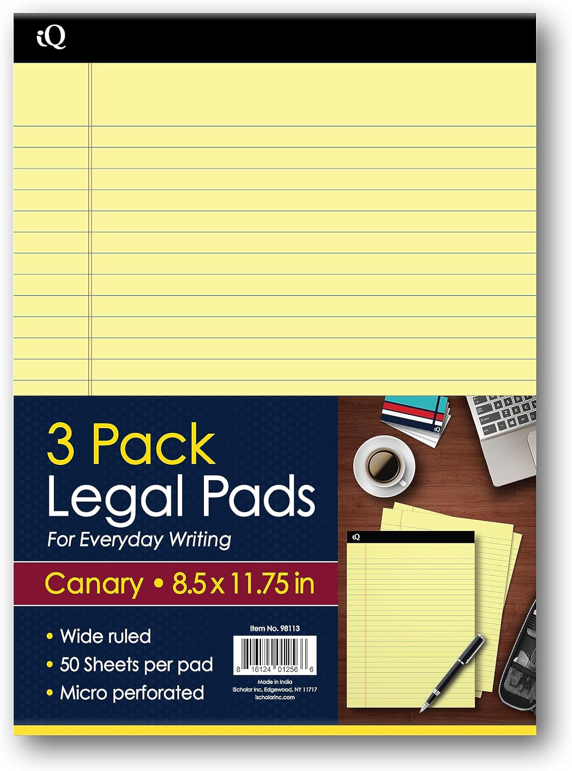 iScholar iQ Legal Pads, Canary, Wide Ruled, 8.5" x 11.75", 50 Sheets Per Pad, Pack of 3 Pads (98113)