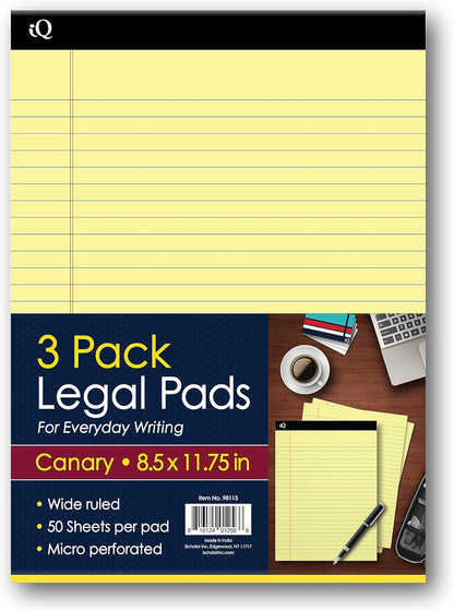 iScholar iQ Legal Pads, Canary, Wide Ruled, 8.5" x 11.75", 50 Sheets Per Pad, Pack of 3 Pads (98113)