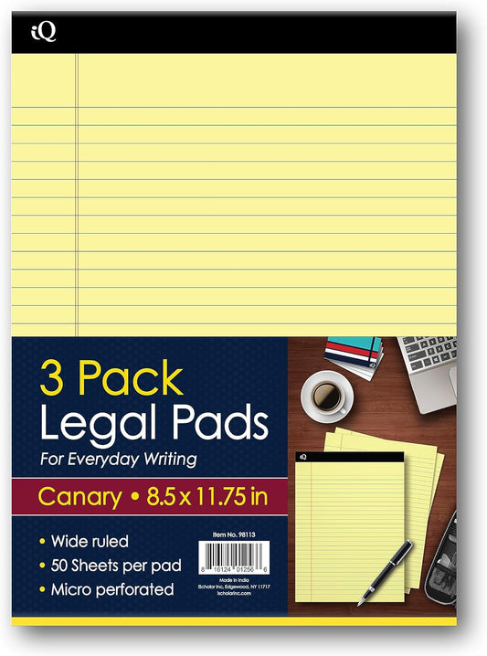 iScholar iQ Legal Pads, Canary, Wide Ruled, 8.5" x 11.75", 50 Sheets Per Pad, Pack of 3 Pads (98113)