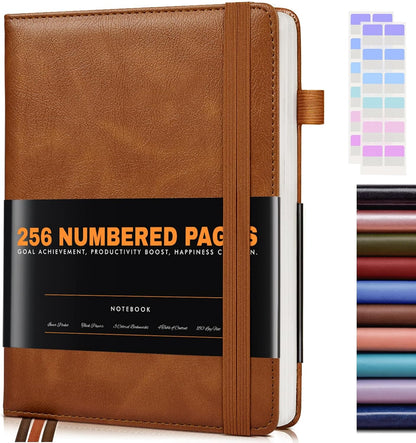 Lined Journal Notebook for Women Men, 256 Numbered Pages Hardcover Leather Journals for Writing, A5 Journaling Notebooks, College Ruled Journal for Business Work School Note Taking 5.75" x 8.38" Brown