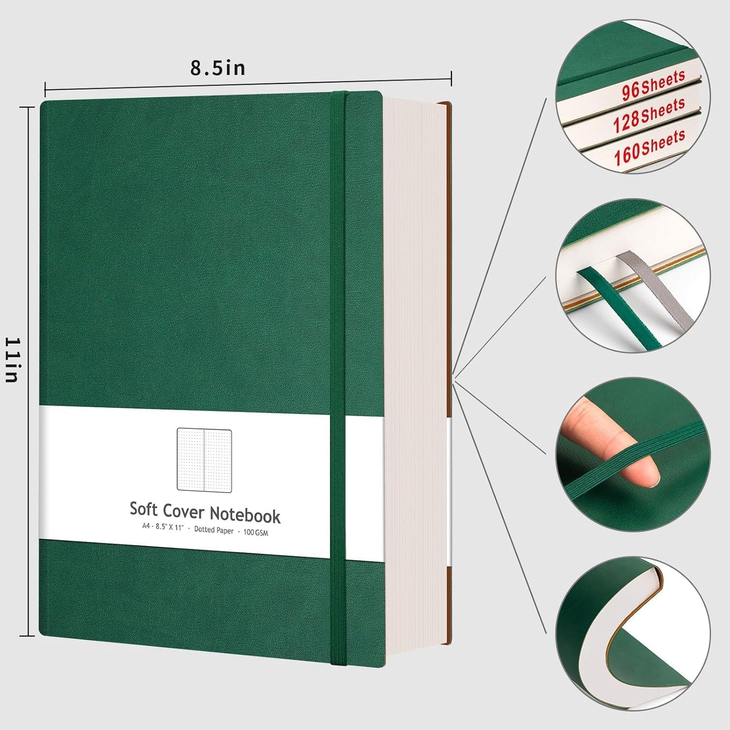 AHGXG Graph Paper Notebook - Grid Paper Notebook Large A4 8.5''×11'', 320 Pages Thick Journal, 100gsm Thick Graph Paper, Leather Softcover, Inner Pocket - Black