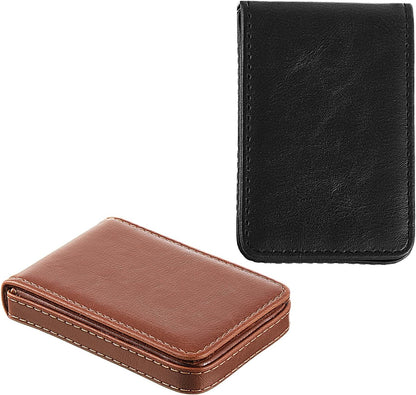 Outus 2 Pieces Business Card Holder, PU Leather Business Card Case Pocket Wallet with Magnetic Shut for Valentines Gift Men Women(Black and Coffee,Classic)