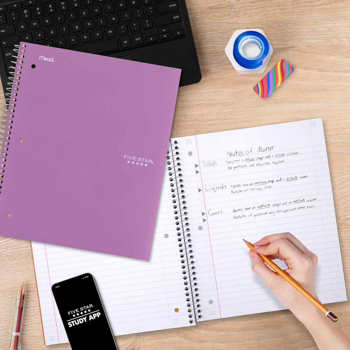Five Star Spiral Notebook + Study App, 1 Subject, Wide Ruled Paper, 8" x 10-1/2", 100 Sheets, Fights Ink Bleed, Water Resistant Cover, Tidewater Blue (72875)