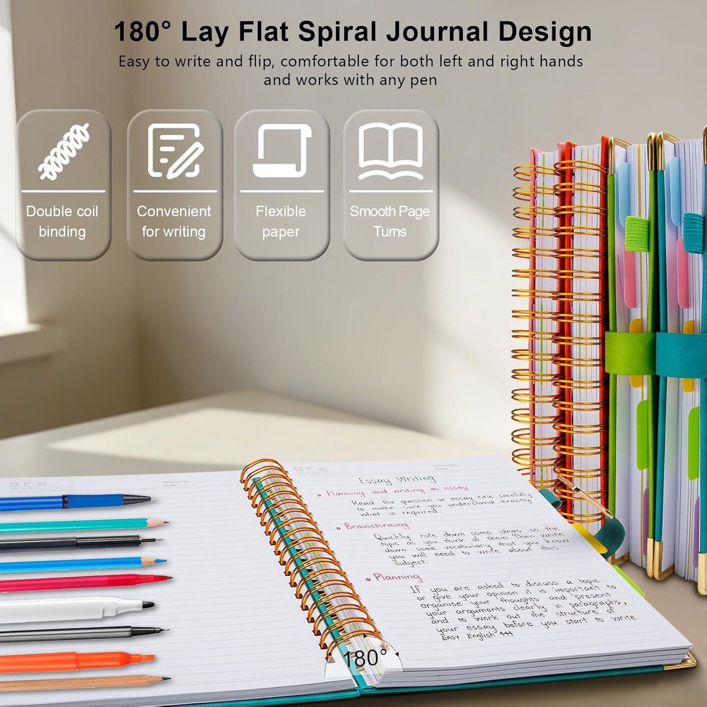 Hardcover Spiral Notebook College Ruled, 8"x10" Leather Journal Notebook with Magnetic Closure, 300 Pages 5 Subject Notebook with Dividers Tabs Journal for Women Men, Work, School(Rose Red)
