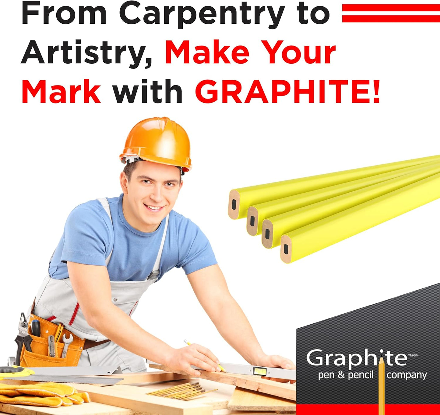 GRAPHITE Hard Lead Carpenter Pencils Bulk - (1) Pack of 12 Pieces Lumber Wooden Pencil #2 (HB) - Red