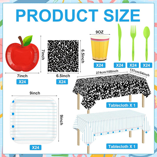 170 Pcs Back to School Party Supplies Tableware Set Red Apple Pencils Paper Plates Napkins Cups Composition Notebook Disposable Tablecloth for Preschool First Day of School Graduation Party, Serves 24