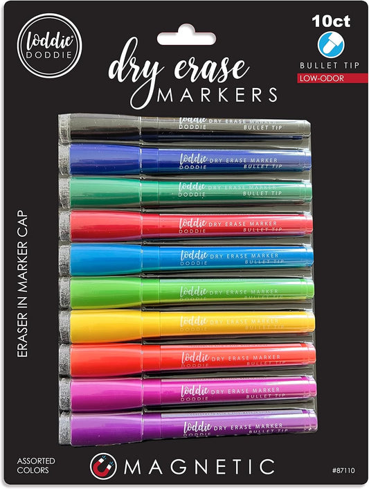 Loddie Doddie Dry Erase Magnetic Whiteboard Markers - 10-Pack of Unique Bright Colors, Medium Tip - Eraser Caps & Magnets Erasable Pens - Bright Dry Erase Markers for Office & School Supplies