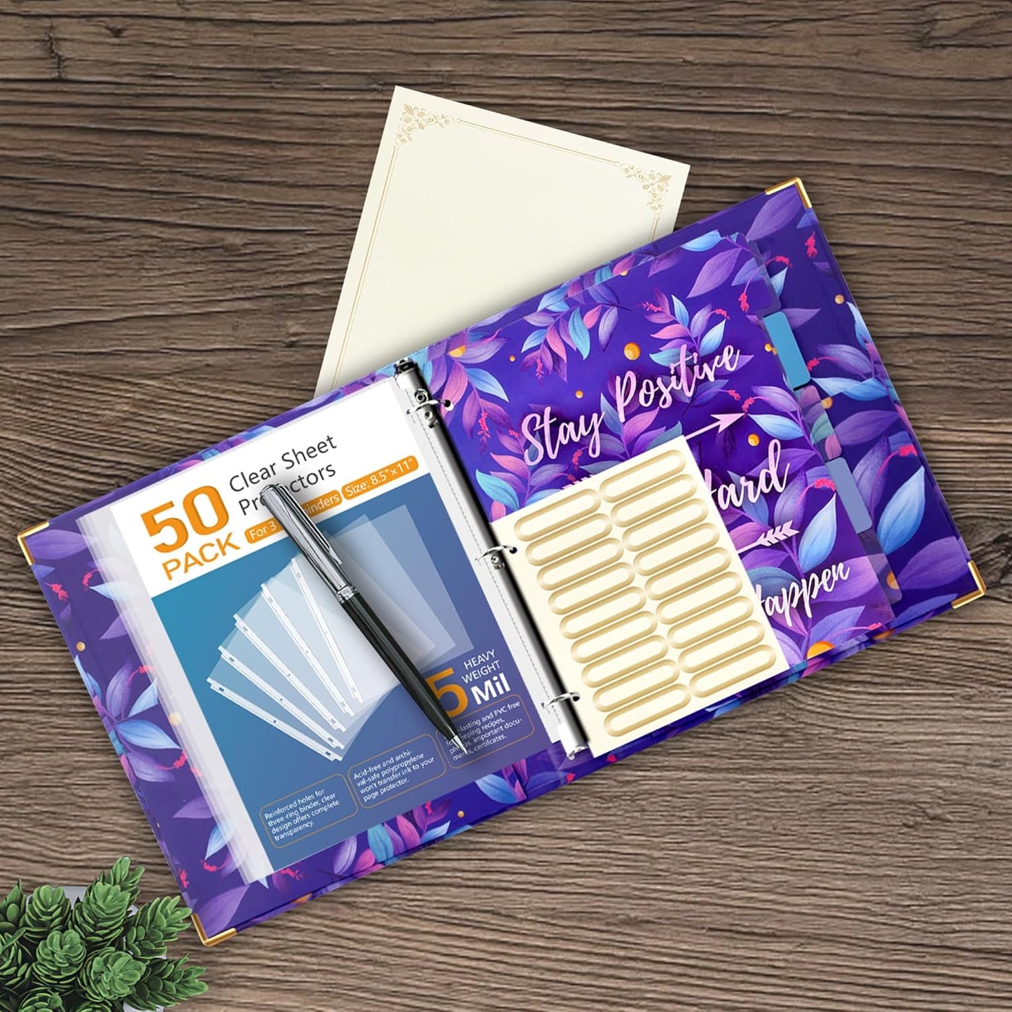 3 Ring Binder with Clipboard, 2 Pockets Purple 3 Ring Binder (11" x 8.6") Folders with Tab Dividers for Women School Office Supplies Portfolio