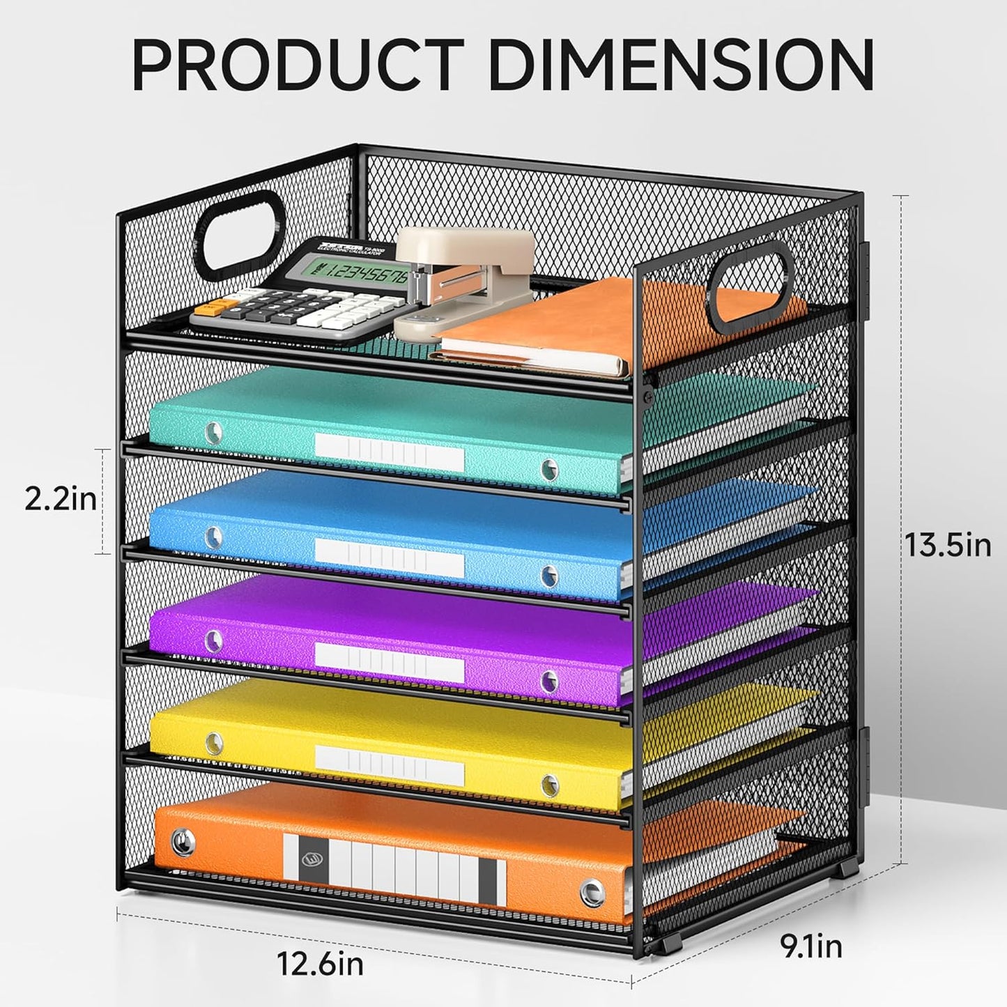 Lavatino 5 Tray Desk File Organizer, Black Mesh Paper Sorter Letter Tray Organizer with Handle, Desktop File Organizer and Storage for Letter/A4 Office File Folder