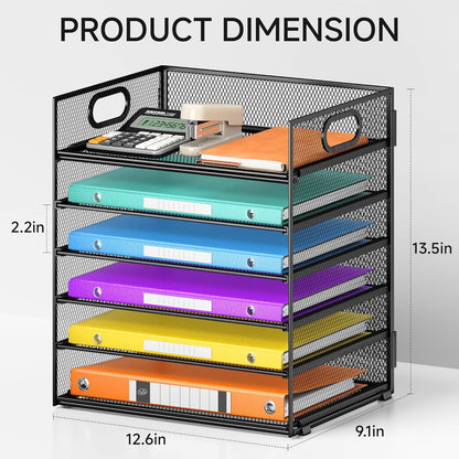 Lavatino 5 Tray Desk File Organizer, Black Mesh Paper Sorter Letter Tray Organizer with Handle, Desktop File Organizer and Storage for Letter/A4 Office File Folder