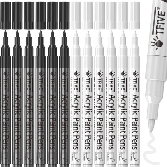 TFIVE 6 White & 6 Black Acrylic Paint Pens, Extra Fine Paint Markers - 0.7mm Extra Fine Tip Acrylic Permanent Markers for Metal, Wood, Rock, Ceramic, Glass, Plastic, Fabric, Canvas, DIY Crafts