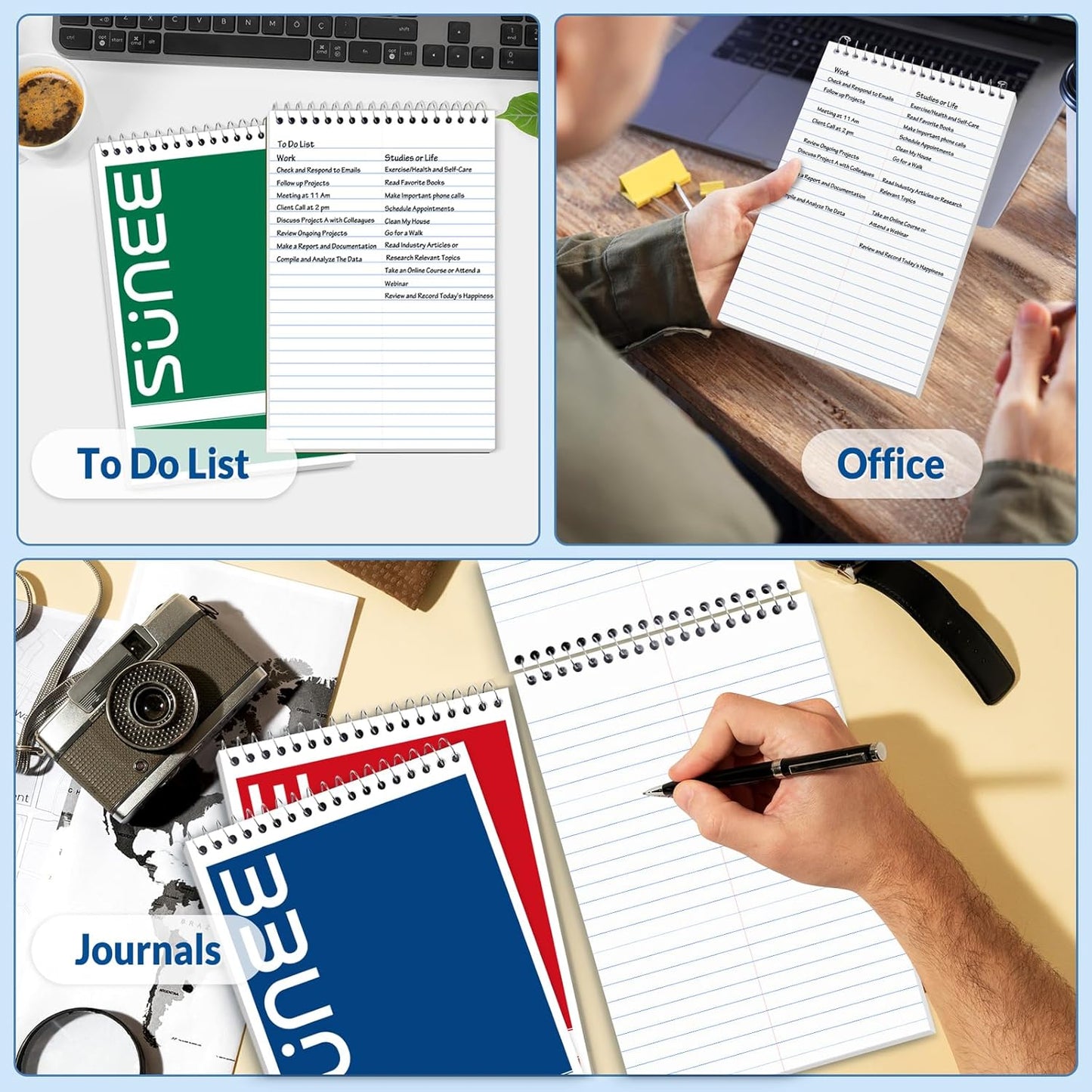 SUNEE 10 Pack Steno Pads 6x9, Gregg Rule, 60 Sheets, Spiral Notebook 6x9, White Paper, Take Notes with Top Spiral Notebook, for School, University, College, Work, Office, Classic Color