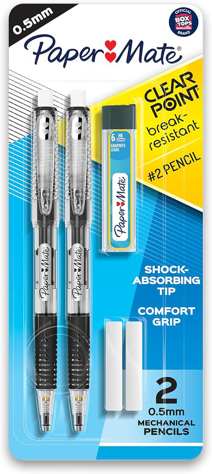 Paper Mate Clearpoint Mechanical Pencils, 0.5mm Break-Resistant HB #2 Lead, Eraser Refills, 2 Count