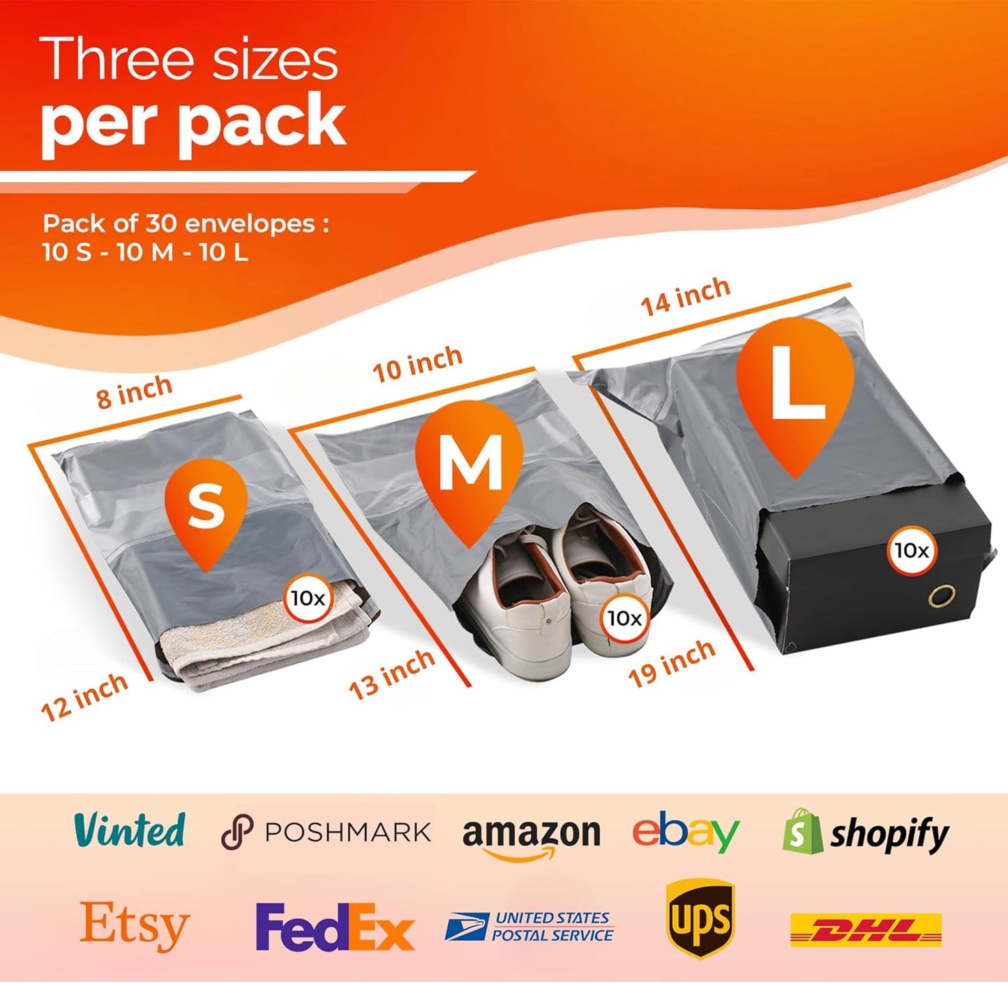 Poly Mailers Shipping Bags (30 Pack) — Self-Seal Plastic Mailing Envelopes, 3 Sizes incl. 8x12, poly mailers 10x13 & 14x19 — Tear & Water-Resistant Plastic Shipping Bags for Clothing Not Padded, Grey