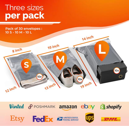 Poly Mailers Shipping Bags (30 Pack) — Self-Seal Plastic Mailing Envelopes, 3 Sizes incl. 8x12, poly mailers 10x13 & 14x19 — Tear & Water-Resistant Plastic Shipping Bags for Clothing Not Padded, Grey