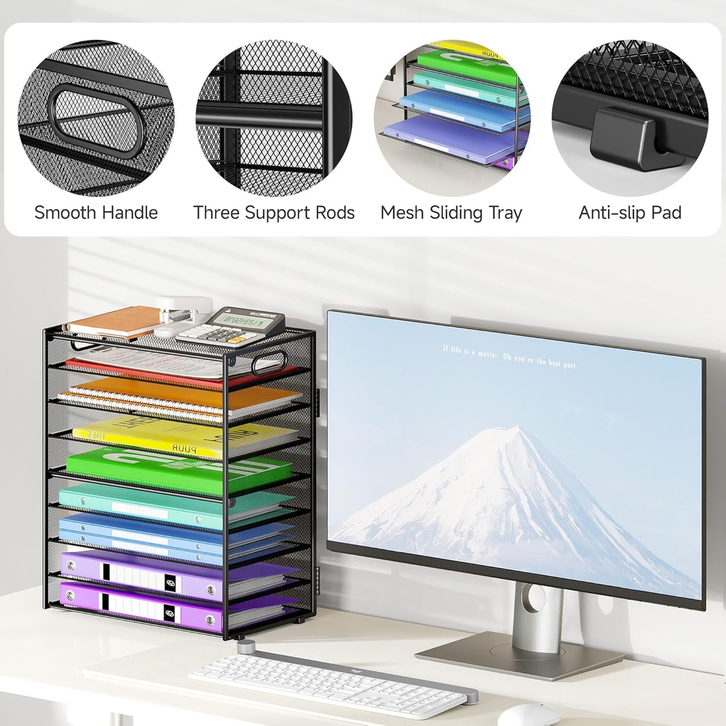 Cawukege 9 Tier Paper Organizer with Handle, Black Large Capacity Desk Organizer Mesh File Folder Letter Paper Tray Desktop Document Sorter for Classroom, School, and Office Accessories Organization