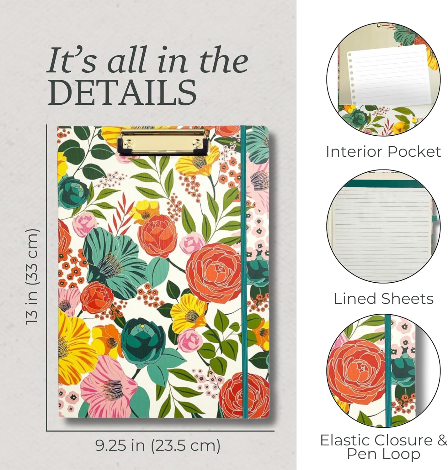 Steel Mill & Co Cute Clipboard Folio with Refillable Lined Notepad and Interior Storage Pocket, Floral Padfolio for Work, Garden Blooms Cream