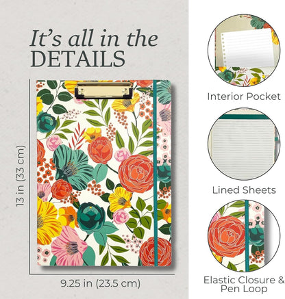Steel Mill & Co Cute Clipboard Folio with Refillable Lined Notepad and Interior Storage Pocket, Floral Padfolio for Work, Garden Blooms Cream
