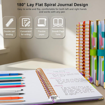 Hardcover Spiral Notebook College Ruled, 8"x10" Leather Journal Notebook with Magnetic Closure, 300 Pages 5 Subject Notebook with Dividers Tabs Journal for Women Men, Work, School(Rose Red)