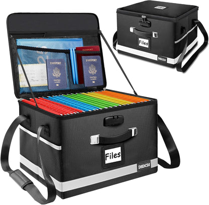 File Box with Lock - Portable File Organizer Box with Handle, Sturdy Important Document Organizer with Label, Slide, Reflective Strip for Hanging Letter/Legal Folder