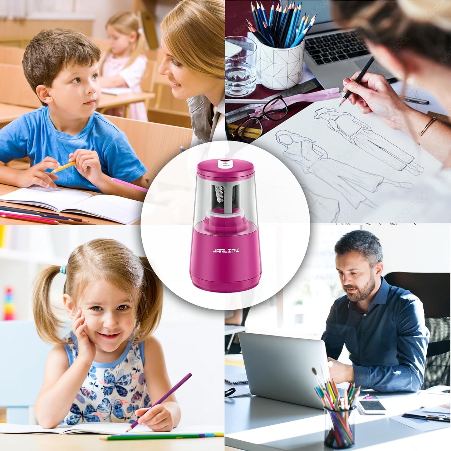 JARLINK Electric Pencil Sharpener, Heavy-Duty Helical Blade to Fast Sharpen, Auto Stop for No.2/Colored Pencils(6-8mm), AC Adapter/Battery Operated in School Classroom/Office/Home (Black)