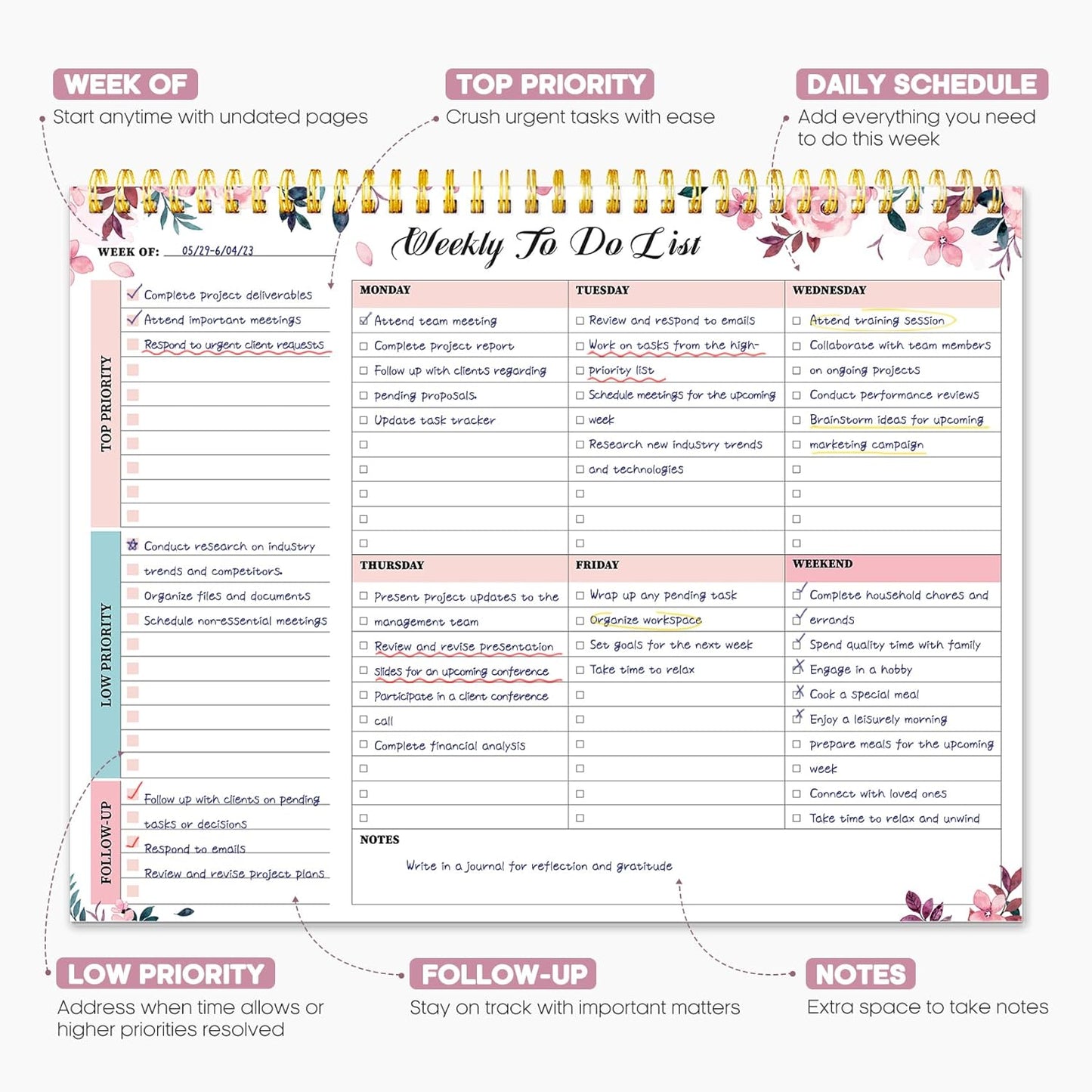 Taja Weekly To Do List Notepad with 52 Undated Sheets（8.5"×11"）- Weekly Desk Planner for Women & Man, Work and Home -1 Pack Violet Dream