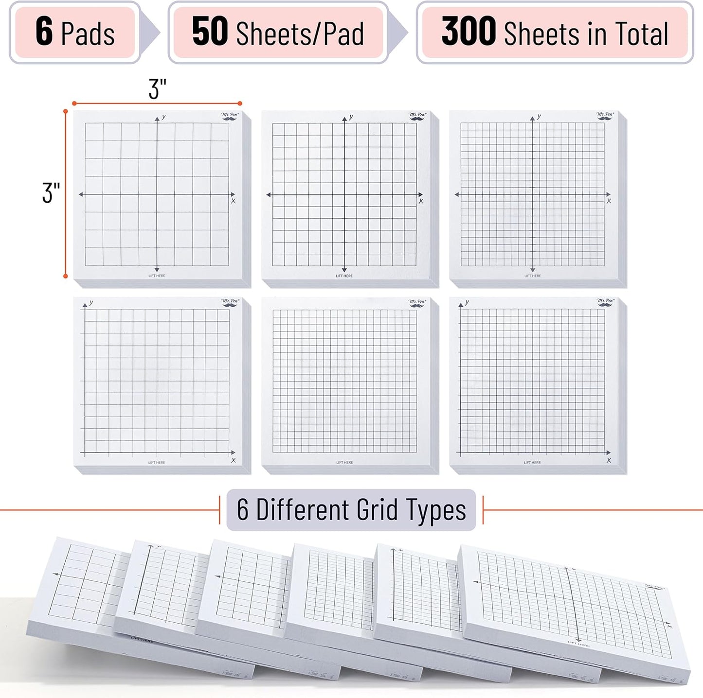 Mr. Pen- Graph Sticky Notes, 3x3 Inch, 6 Pads, 50 Sheets/Pad, 300 Sheets, 6 Grid Designs, White, Square Graph Paper Notes, Grid Sticky Note Pads for Math, Study, Journals, Planners