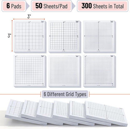 Mr. Pen- Graph Sticky Notes, 3x3 Inch, 6 Pads, 50 Sheets/Pad, 300 Sheets, 6 Grid Designs, White, Square Graph Paper Notes, Grid Sticky Note Pads for Math, Study, Journals, Planners