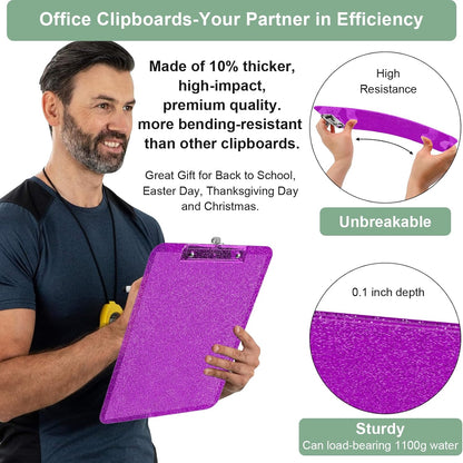 SFLHHDM 1 Pcs Clear Glitter Clipboards, Plastic Clipboard with Pen Holder, Size 8.85 x 12.4 in Shiny Clipboards with Low Profile Clip, Cute Hanging Clipboard for Office School Sparkly Clip Board-Pink
