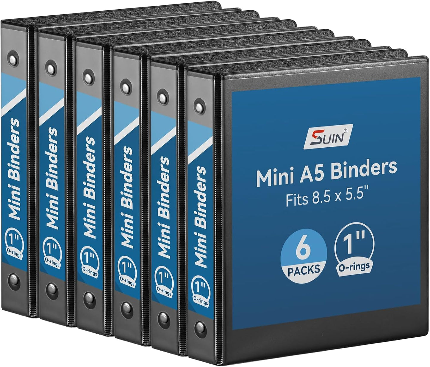 SUIN Mini 3 Ring Binder A5 Size 5.5"x8.5", 1" Round Ring 200 Sheet Capacity, Bulk 6 Pack White Binders for School Office