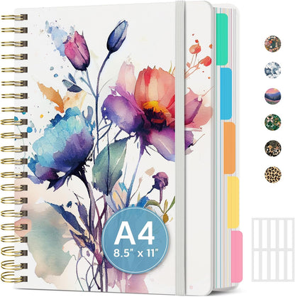 Large Spiral Notebook with Dividers & Tabs, 8.5" x 11" Hardcover 5 Subject Notebook for Work, 280 pages, College Ruled, Cute Journal for Women, Perfect for Study & Office Note Taking, Garden