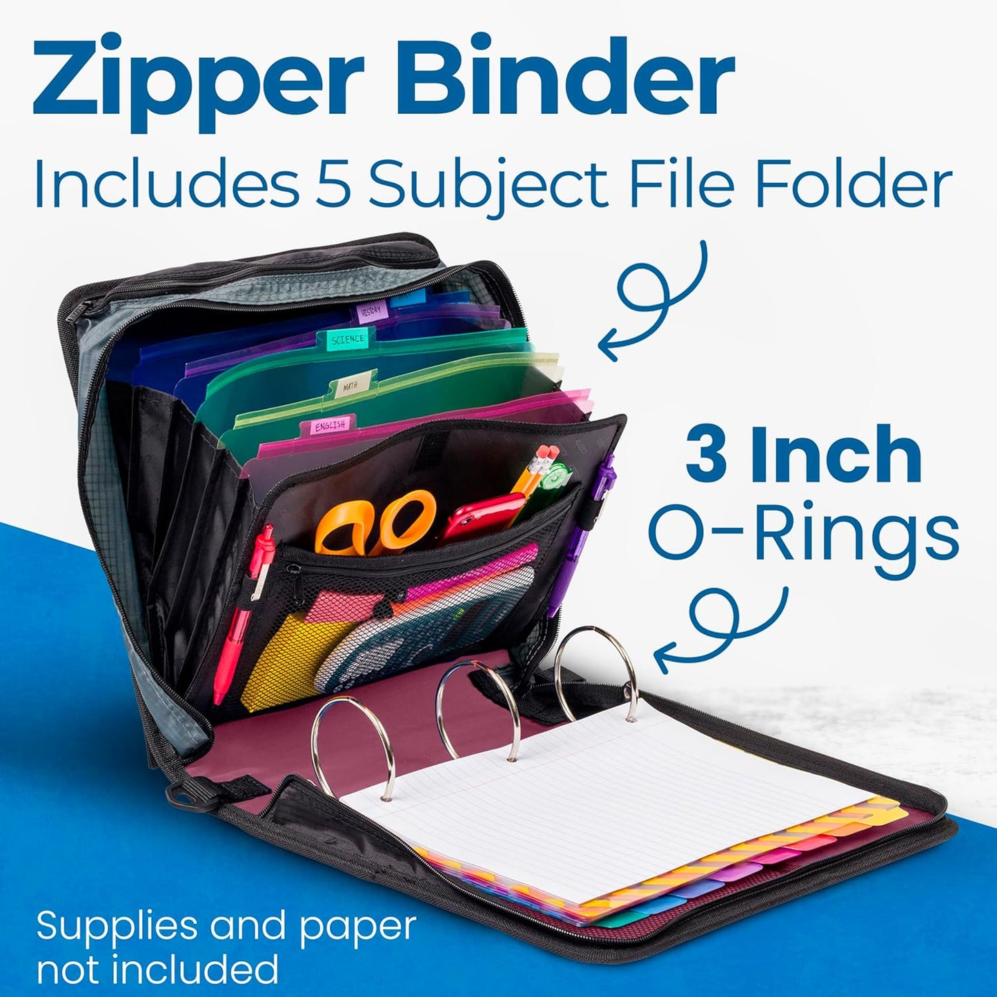Case-it Mighty Zip Tab School Zipper Binder | 3-Inch O-Rings, 600-Sheet Capacity, 5-Subject Expanding File Folder, Multiple Pockets & Storage Organizer, Shoulder Strap | D-146 Jet Black