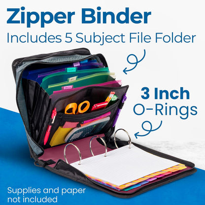 Case-it Mighty Zip Tab School Zipper Binder | 3-Inch O-Rings, 600-Sheet Capacity, 5-Subject Expanding File Folder, Multiple Pockets & Storage Organizer, Shoulder Strap | D-146 Jet Black