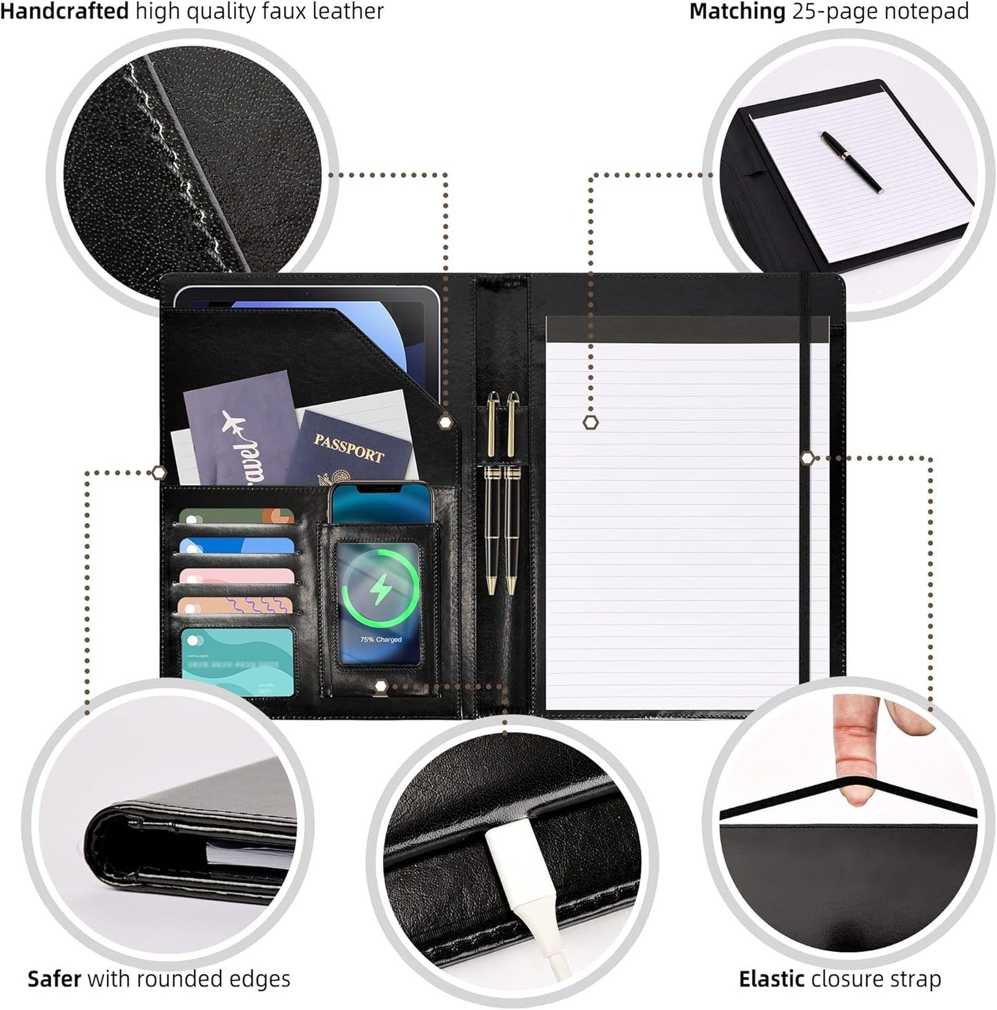 Clipboard Folio Folder Portfolio with Notepad-Pocket Business Card Holder Brown Faux PU Leather Portfolio