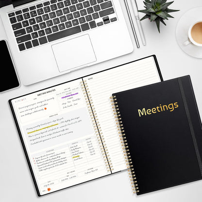 SUNEE Half Meeting Half Note 7"x10" Notebook for Work – 140 Pages, B5 Size Project Planner for Women&Men, Minutes Organizer for Meeting Notes, Ideas for Office/Business, PVC Waterproof Cover, Black