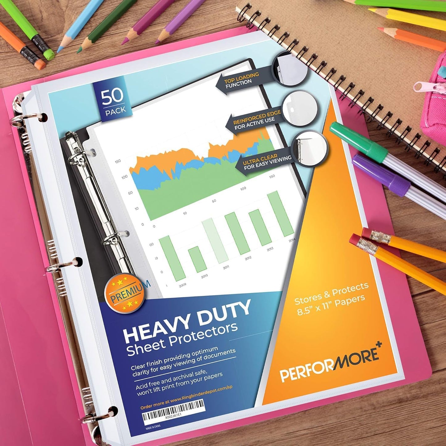 50 Sheet Protectors 8.5 x 11 for 3 Ring Binder, Heavy Duty, Clear Page Protectors, Polypropylene Plastic Sleeves for Paper, Top Loading, Acid Free, Reinforced Holes, Archival Safe - Performore