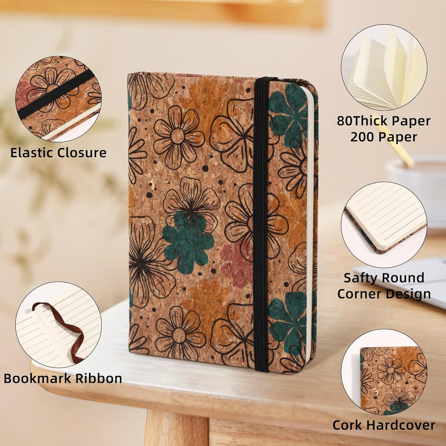 BOBO RABBIT 3 Pack Pocket Journal Notebooks Small Mini Notebook for Note Taking Little Compact A6 Size Hardcover Cork Notepads for School Office Traveler Diary, 3.7"x5.7", Total 600 Pages