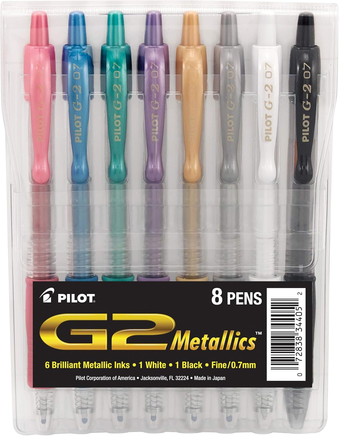 PILOT G2 Metallics Refillable and Retractable Rolling Ball Gel Pens, Fine Point, Assorted Color Inks, 8-Pack Pouch (34405)