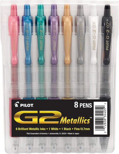 PILOT G2 Metallics Refillable and Retractable Rolling Ball Gel Pens, Fine Point, Assorted Color Inks, 8-Pack Pouch (34405)
