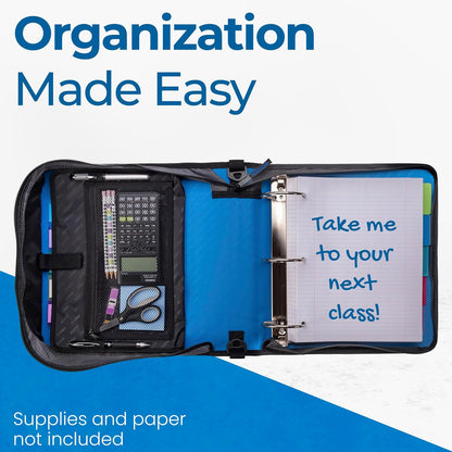 Case-it Mighty Zip Tab School Zipper Binder | 3-Inch O-Rings, 600-Sheet Capacity, 5-Subject Expanding File Folder, Multiple Pockets & Storage Organizer, Shoulder Strap | D-146 Jet Black