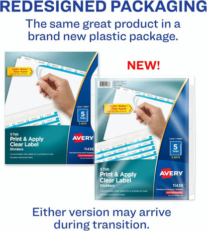 Avery 5 Tab Dividers for 3 Ring Binder, Easy Print & Apply Clear Label Strip, Index Maker Customizable White Tabs, 25 Sets (11446)