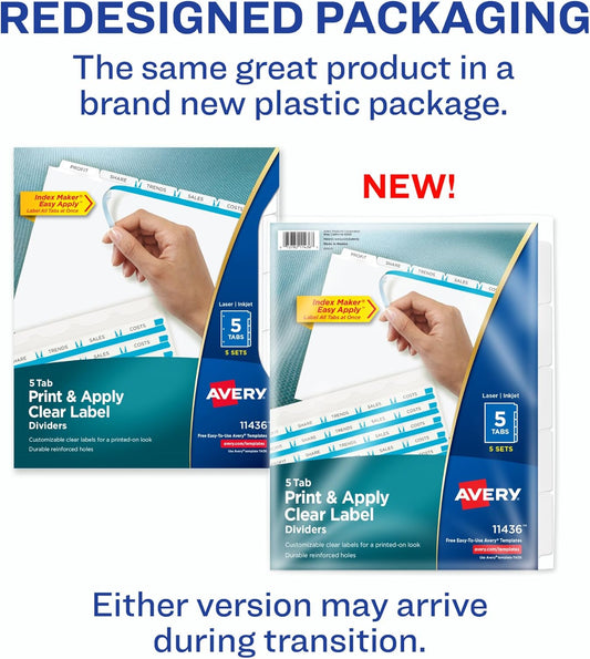 Avery 5 Tab Dividers for 3 Ring Binder, Easy Print & Apply Clear Label Strip, Index Maker Customizable White Tabs, 25 Sets (11446)